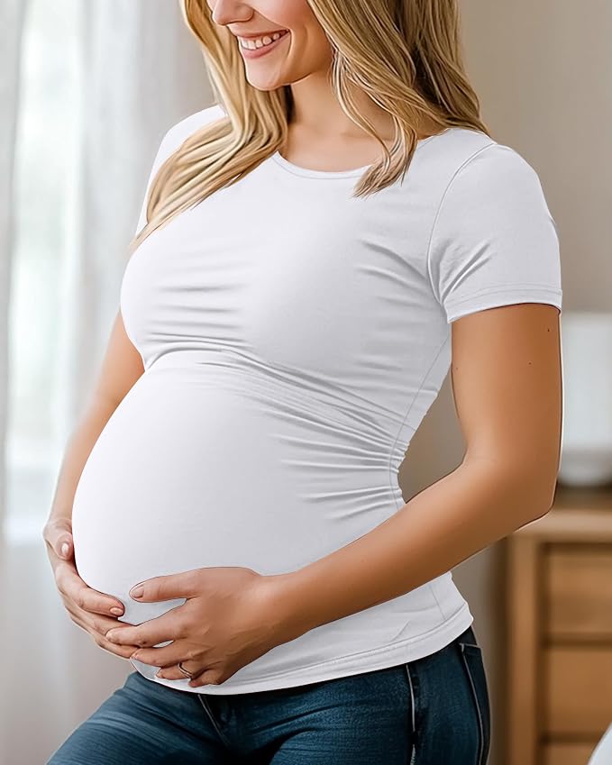 Huukeay 4 Pack Women's Maternity Shirts, Crew Neck Maternity Top Short Sleeve - Image 3