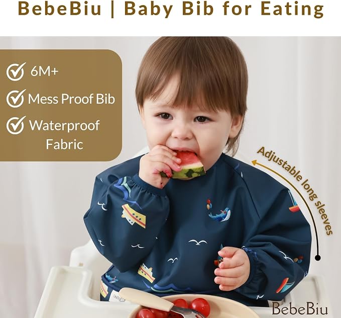 Long Sleeve Baby Bib, Waterproof Fabric, Catch-All Pocket, Baby Smock Bib - Image 4