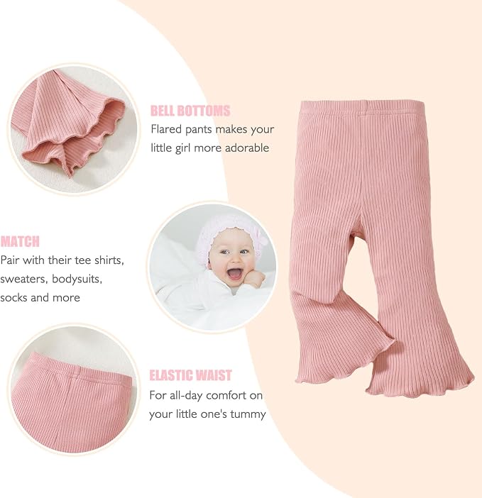 SOBOWO Baby Girl Flare Pants 3 Pack Toddler Solid Ribbed Ruffle Bell Bottoms - Image 4