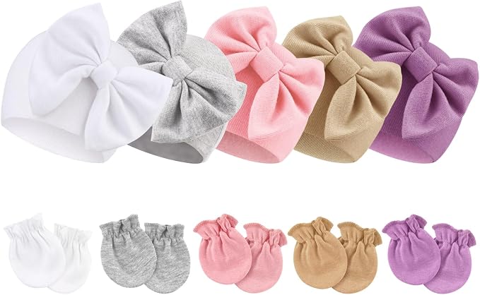BQUBO Newborn Baby Girls Hats Mittens Set Hospital Hat Beanie Infant Bow Hats by DRESHOW