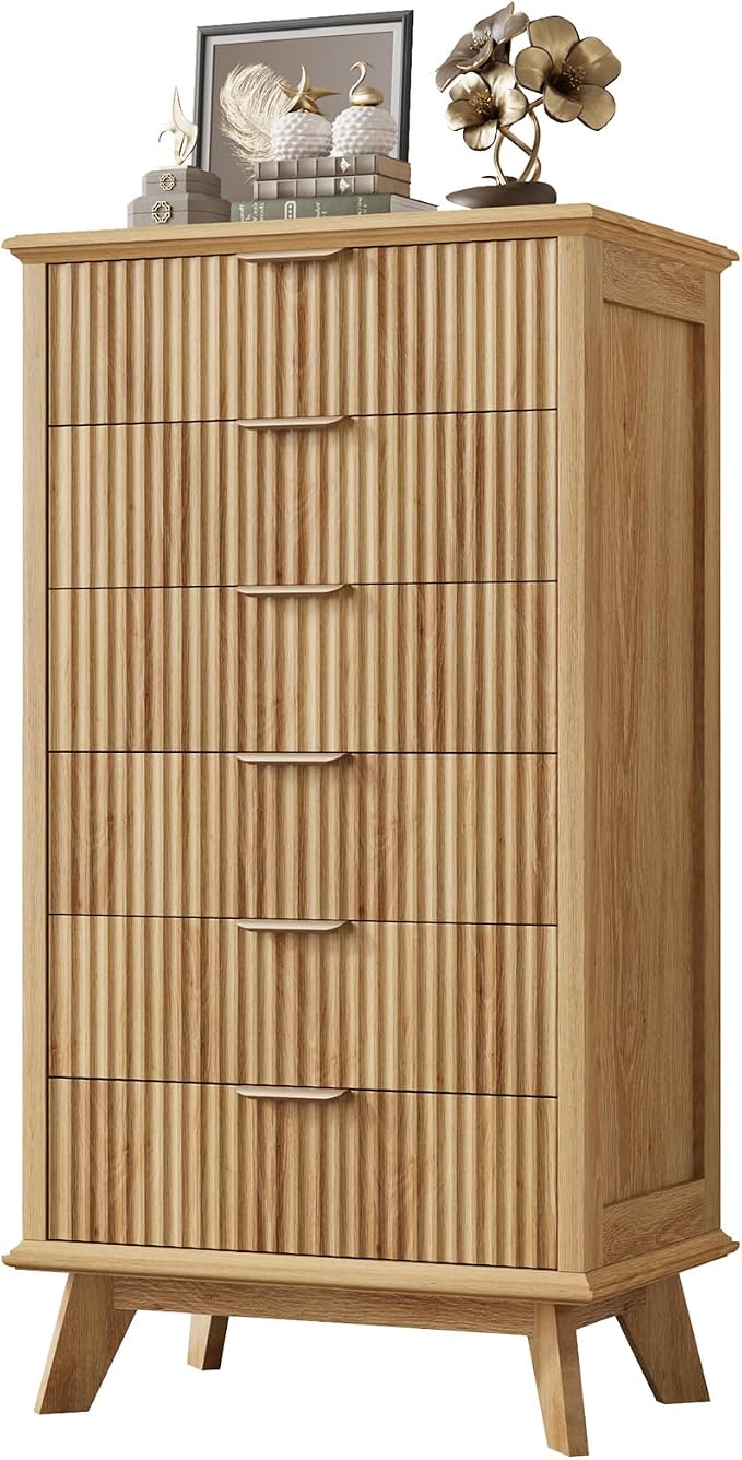 QUW Fluted 6 Drawer Dresser for Bedroom, Modern Tall Chest of Drawers by QUW