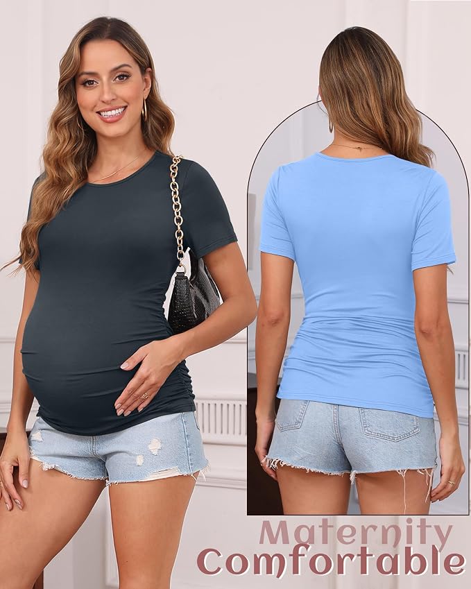 Huukeay 4 Pack Women's Maternity Shirts, Crew Neck Maternity Top Short Sleeve - Image 2