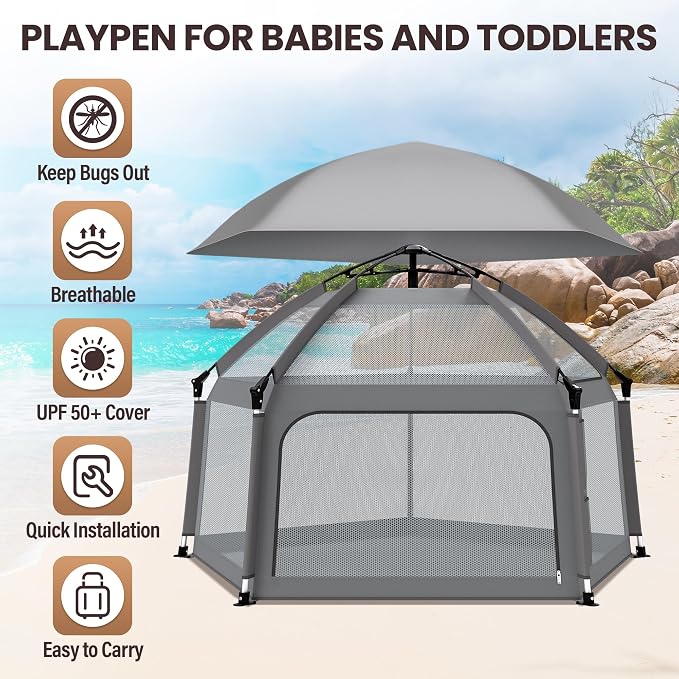 Baby Playpen with Self-Inflating Play Mat & Travel Bag, Portable Outdoor Playpen - Image 2