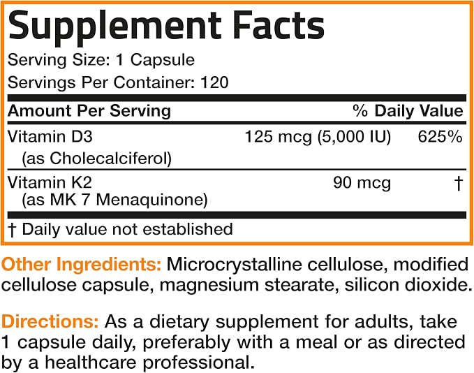 Bronson Vitamin K2 with D3 Supplement Non-GMO Formula 5000 IU Vitamin D3 & 90 - Image 8