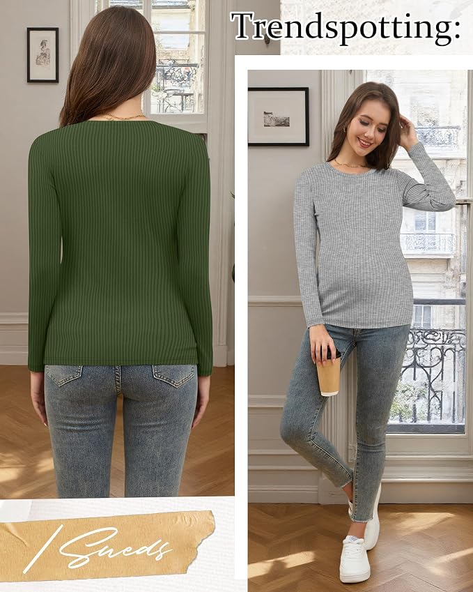 Riyiper 3 Pack Women's Maternity Shirts Long Sleeve Ribbed Knit Pregnancy Tees - Image 4