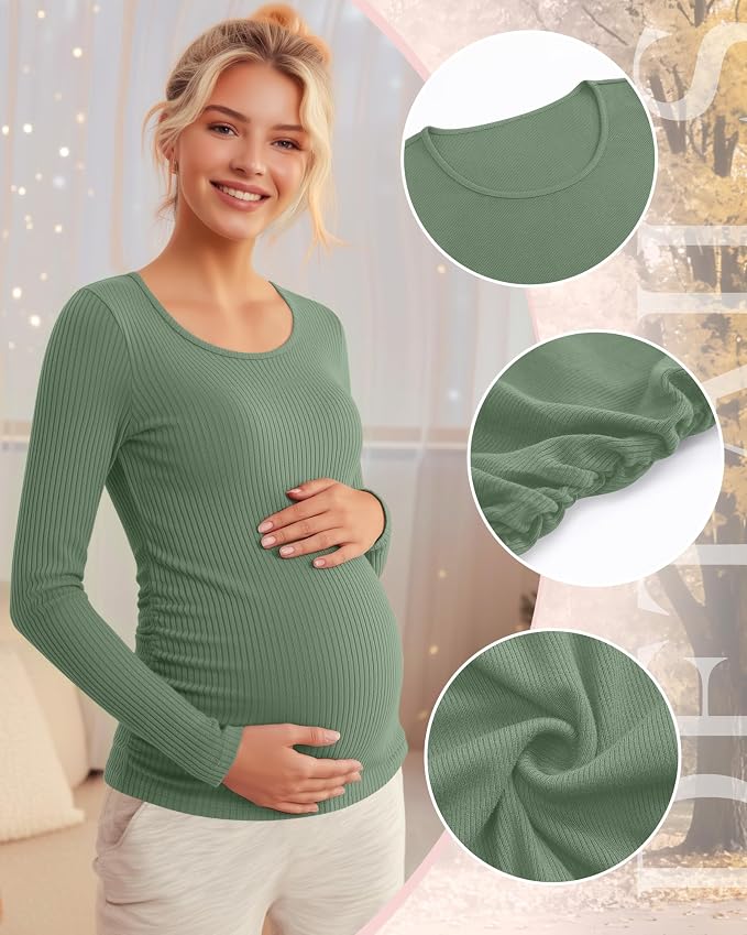 Riyiper 4 Pack Women's Maternity Shirts, Long Sleeve Cotton Ribbed Pregnancy - Image 5