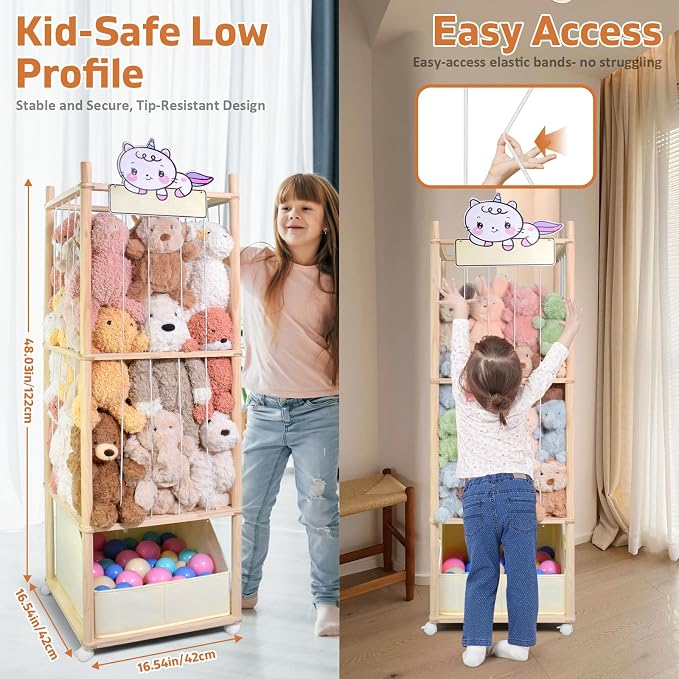 Stuffed Animal Storage with Tiny Toys Tray, Wood Stuffed Animal Zoo Storage - Image 2