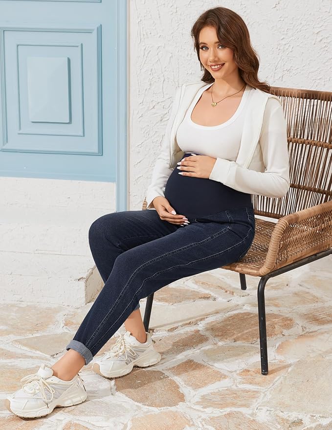 POSHGLAM Women's Maternity Jeans Over Belly Comfy Stretch 28'' Boyfriend Jeans - Image 4