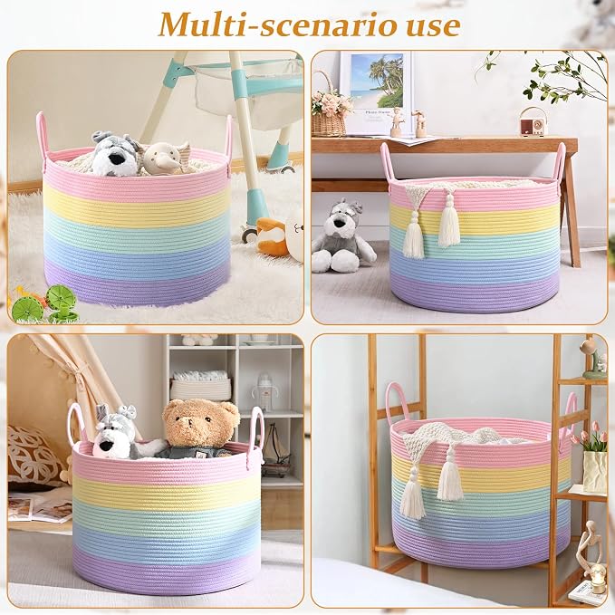 67L Rainbow Storage Basket for Organizing, Cotton Rope Woven Blanket Basket - Image 4