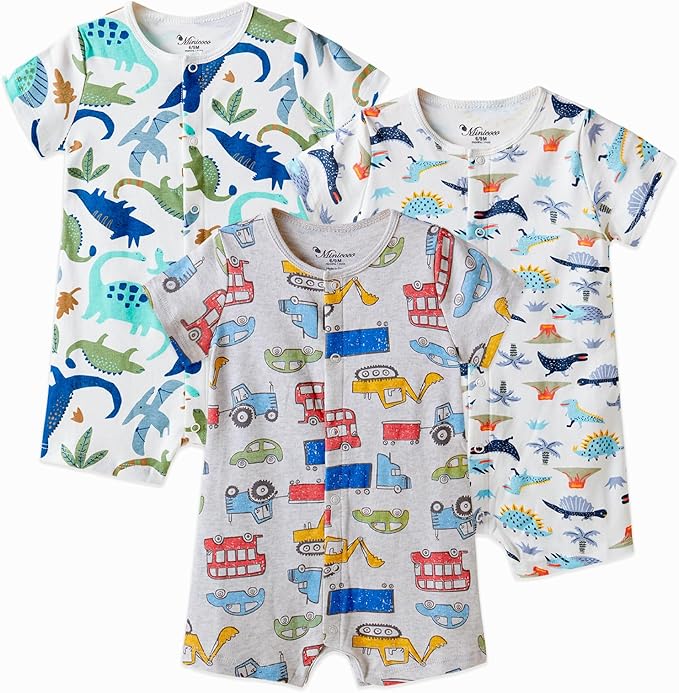 3-Pack 100% Cotton Baby Boy Rompers, 0-24Months Short Sleeve Toddler Romper by Thisisminicocos
