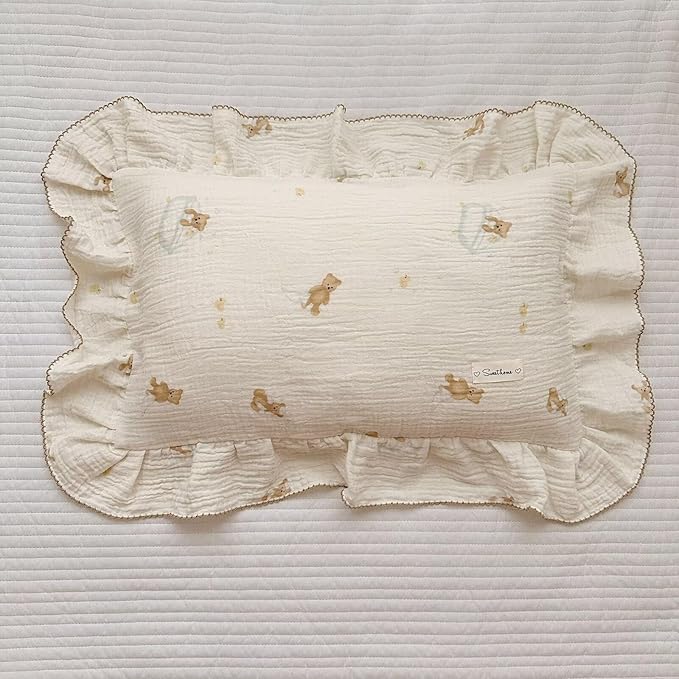 BuLuTu Muslin Cotton Girls Boys Pillow Case Standard Size, Cute Bear Children - Image 2