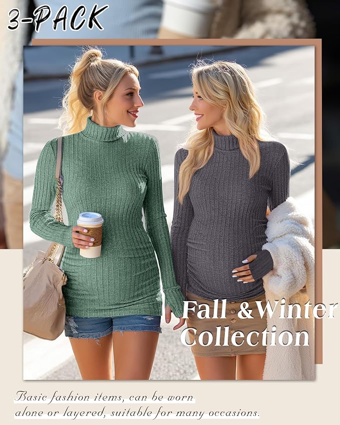 3 Pack Maternity T-Shirts Pregnancy Tops Women Sweater Long Sleeve Turtleneck - Image 5