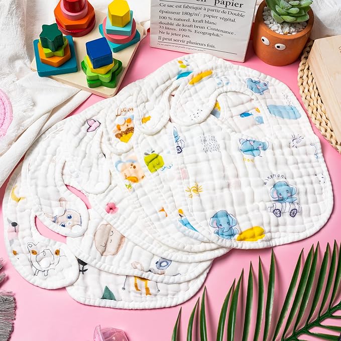 Zainpe 6Pcs Snap Muslin Cotton Baby Bibs Elephant Whale Rabbit Pattern Feeding - Image 4