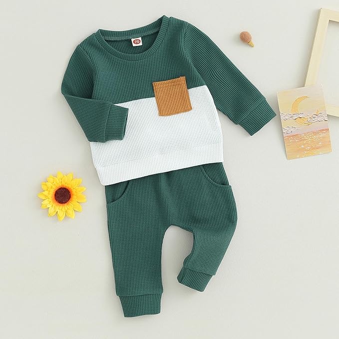 Toddler Baby Boy Fall Clothes Waffle Outfit Long Sleeve Color Blocking - Image 6