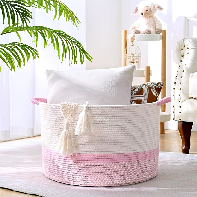 67L Large Blanket Basket, Cotton Rope Blanket Basket Living Room, Baby Laundry - Image 4