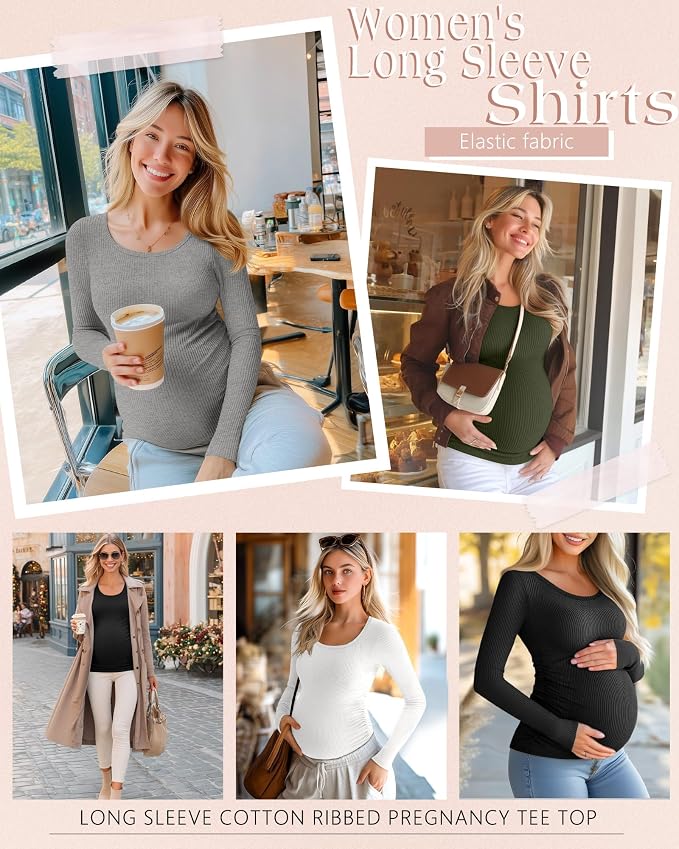 Riyiper 4 Pack Women's Maternity Shirts, Long Sleeve Cotton Ribbed Pregnancy - Image 2