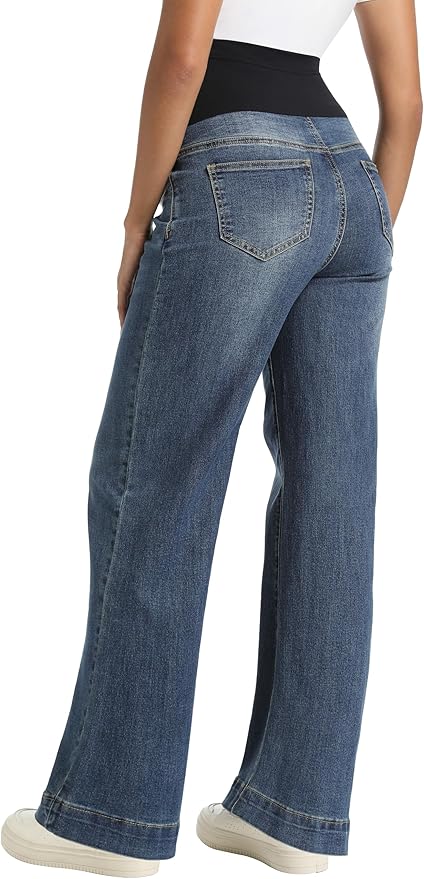 Foucome Women's Maternity Jeans Wide Leg Trendy Comfy Stretchy Straight Leg - Image 5