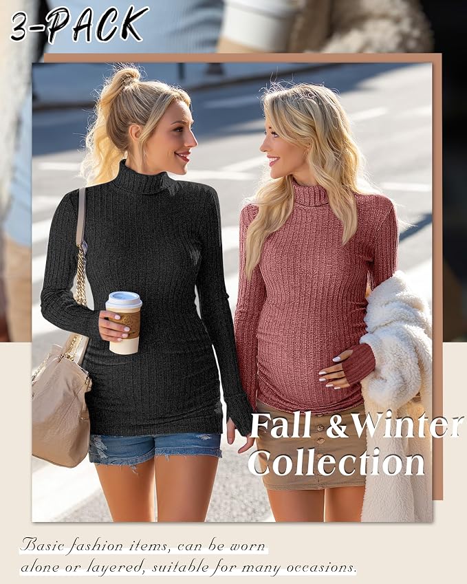 3 Pack Maternity T-Shirts Pregnancy Tops Women Sweater Long Sleeve Turtleneck - Image 5
