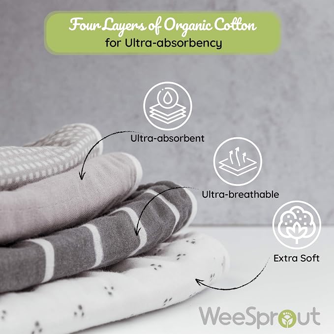 WeeSprout Unisex Organic Towel Cotton Burp Cloths, Four Ultra-Absorbent Layers - Image 6