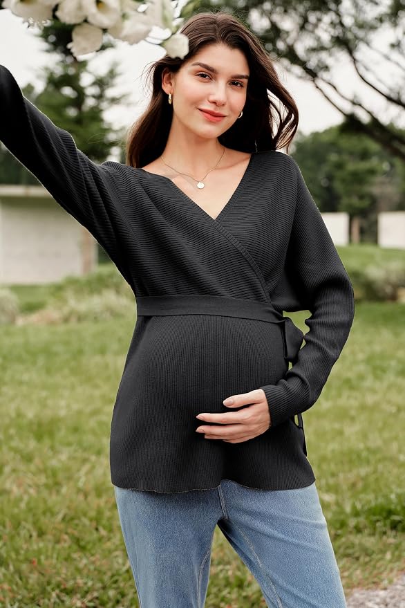 OUGES Womens Soft Cotton Blend Maternity Sweater Wrap V Neck Long Sleeve V Back - Image 4
