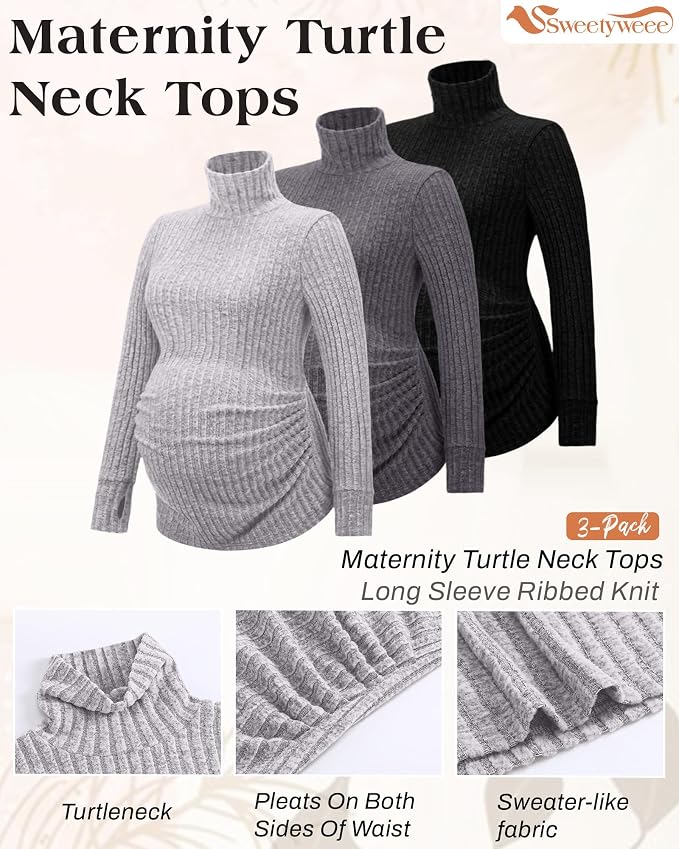 3 Pack Maternity T-Shirts Pregnancy Tops Women Sweater Long Sleeve Turtleneck - Image 3
