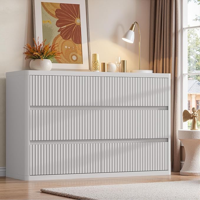 White 6 Drawers Double Dresser, Fluted Dresser - Image 9