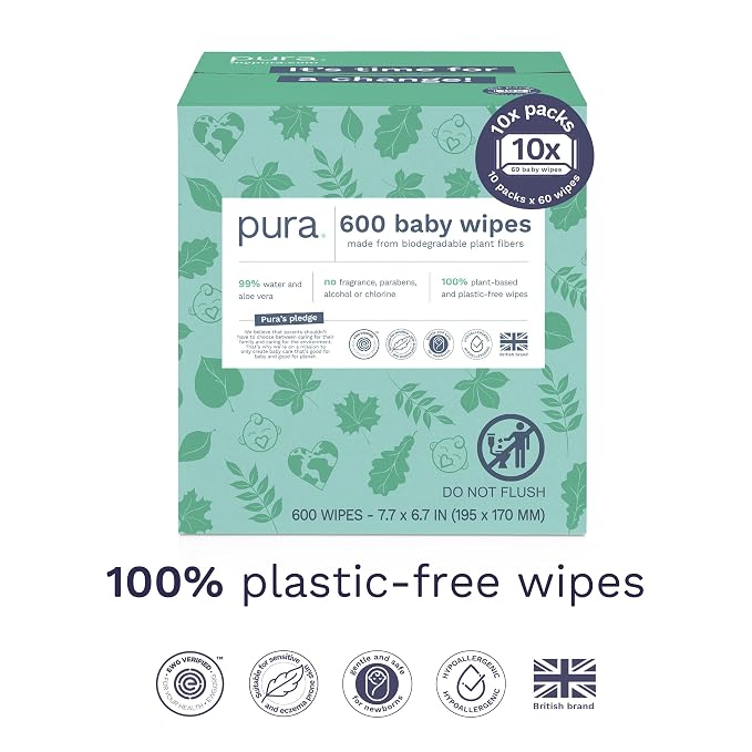 Pura Natural Sensitive Baby Wipes, 99% Water, Unscented & Hypoallergenic - Image 12