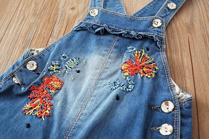 KIDSCOOL SPACE Baby Little Kids Cute Denim Embroidered Fashion Jean Overalls - Image 3