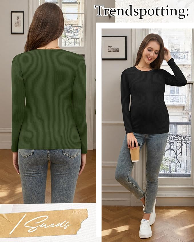 Riyiper 3 Pack Women's Maternity Shirts Long Sleeve Ribbed Knit Pregnancy Tees - Image 4
