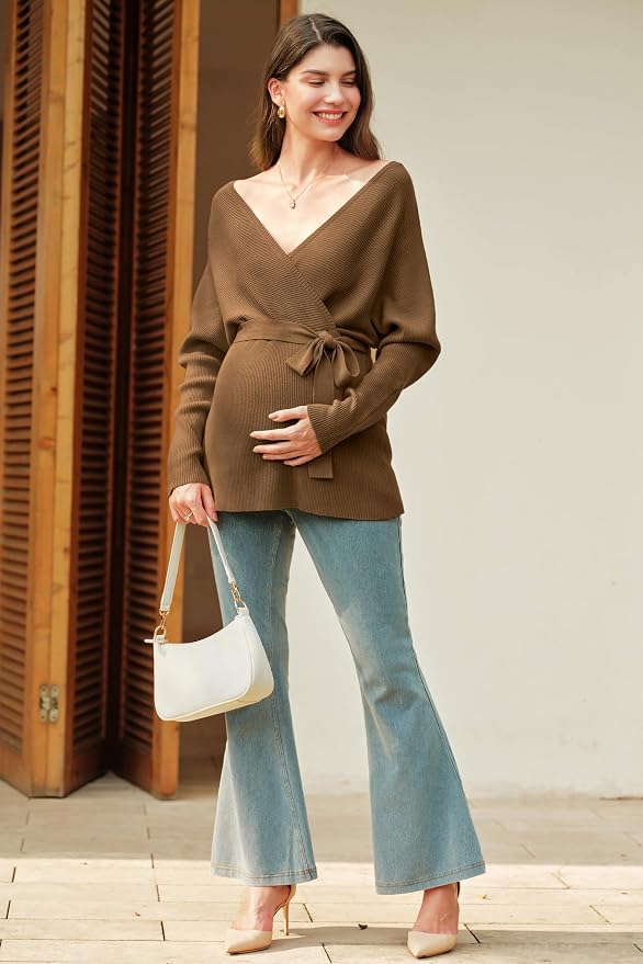 OUGES Womens Soft Cotton Blend Maternity Sweater Wrap V Neck Long Sleeve V Back - Image 6