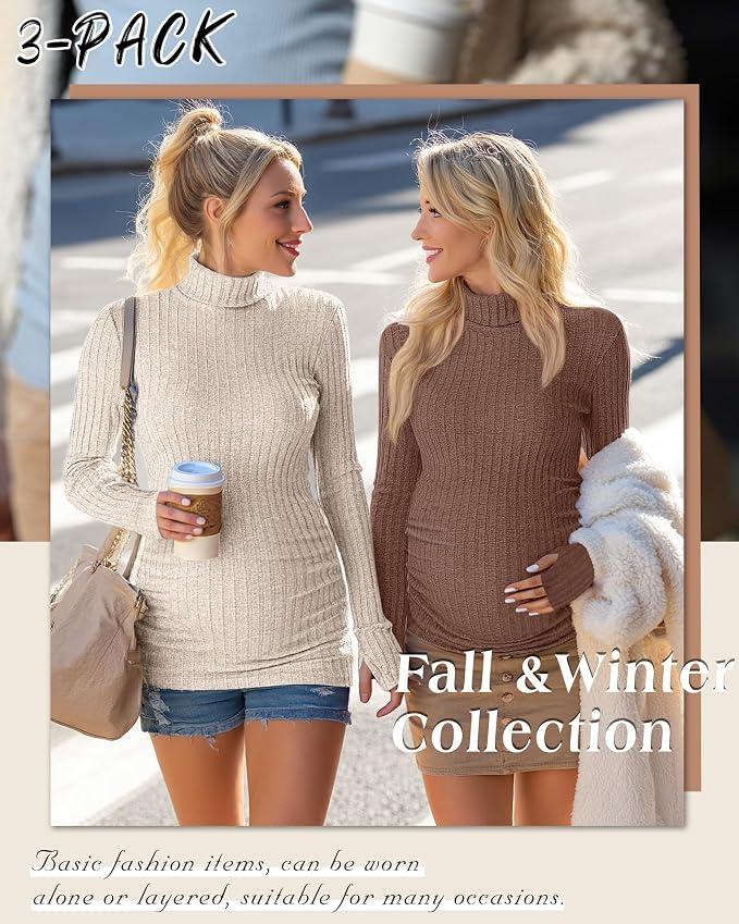3 Pack Maternity T-Shirts Pregnancy Tops Women Sweater Long Sleeve Turtleneck - Image 5
