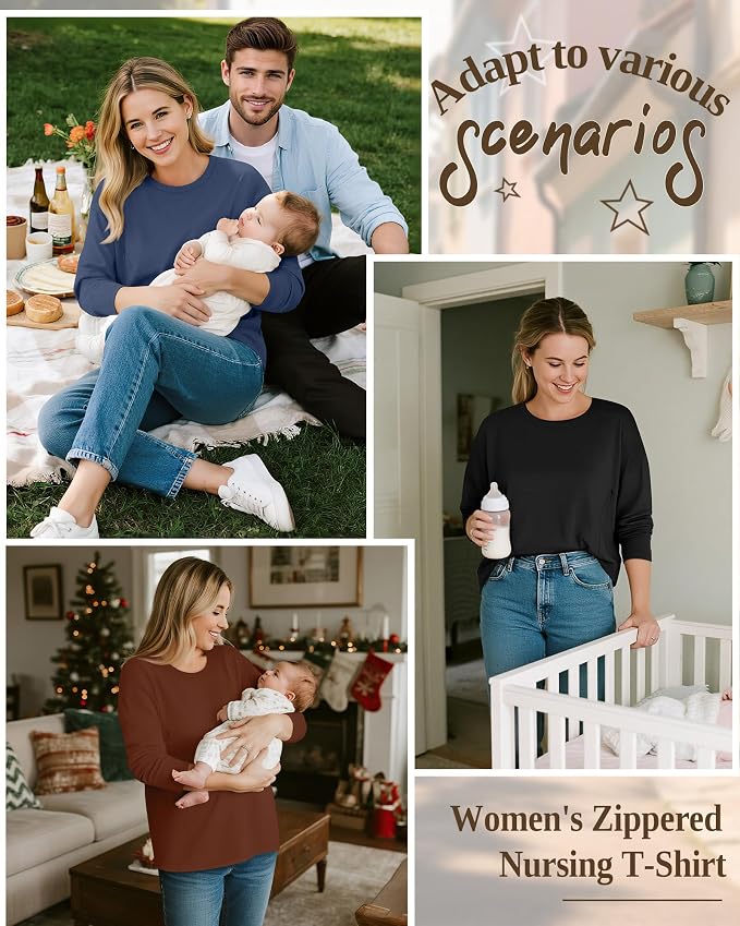 3 Pack Women's Nursing Breastfeeding Tops, Long Sleeve Maternity Shirts - Image 2