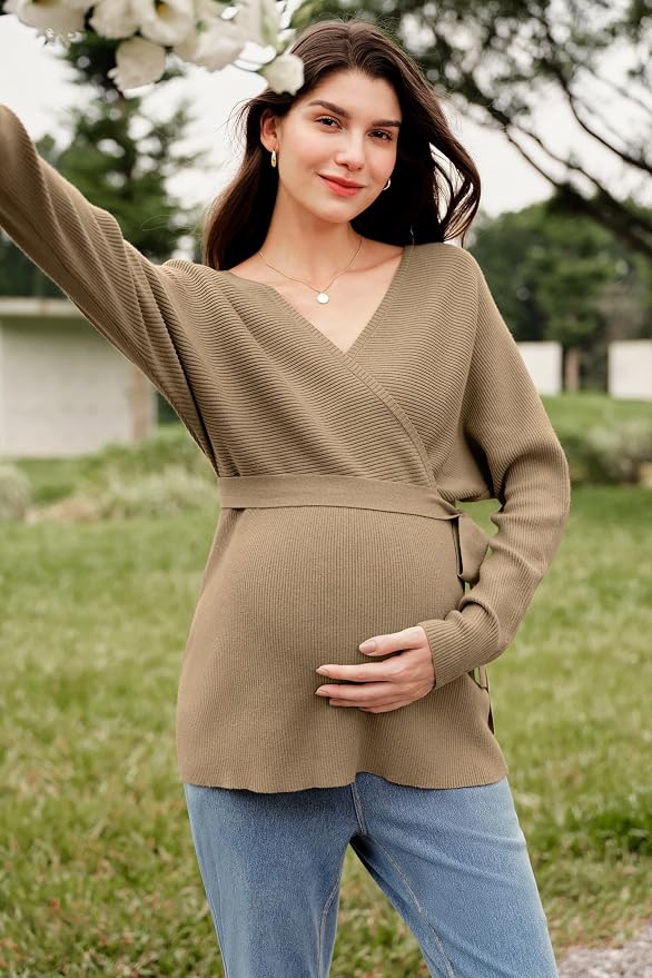 OUGES Womens Soft Cotton Blend Maternity Sweater Wrap V Neck Long Sleeve V Back - Image 4