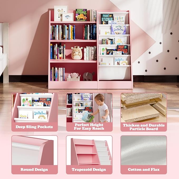 Pink 4-Tier Kids Wooden Bookshelf, 5 Layer Sling Bookcase, Baby Storage Book - Image 5