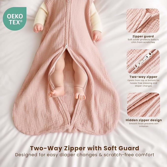 Konssy Muslin Baby Sleep Sack 0-6 Months 0.8 TOG, 2 Pack 100% Cotton Wearable - Image 3