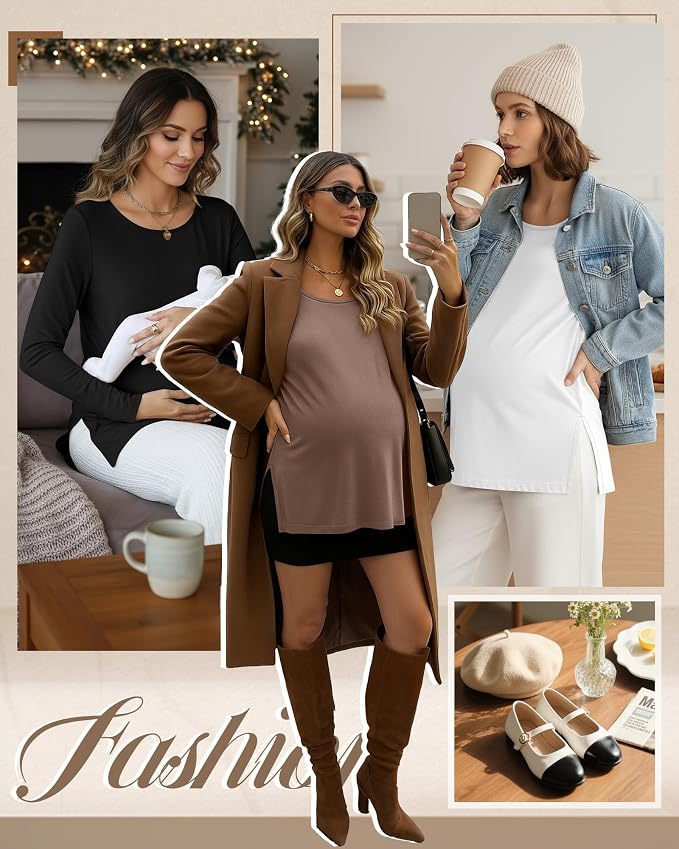 Riyiper 3 Pack Women's Maternity Long Sleeve T-Shirts Round Neck Side Split - Image 2