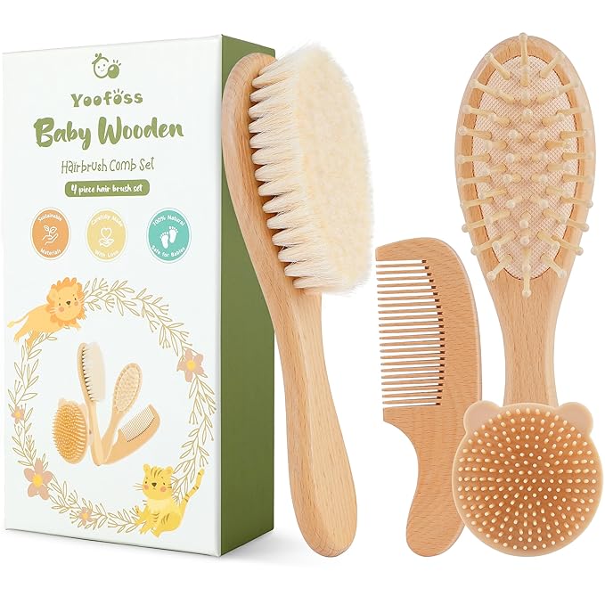 Yoofoss 4 Piece Baby Brush and Comb Set, Wooden Baby Brush by YOOFOSS