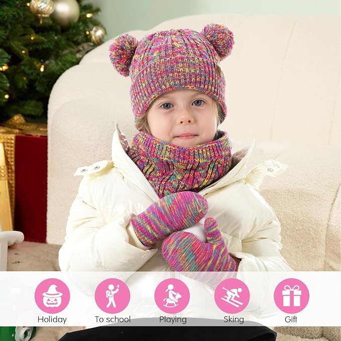 Kids Toddlers Winter Beanie Hats Gloves Neck Scarf Set Mittens Gifts - Image 6