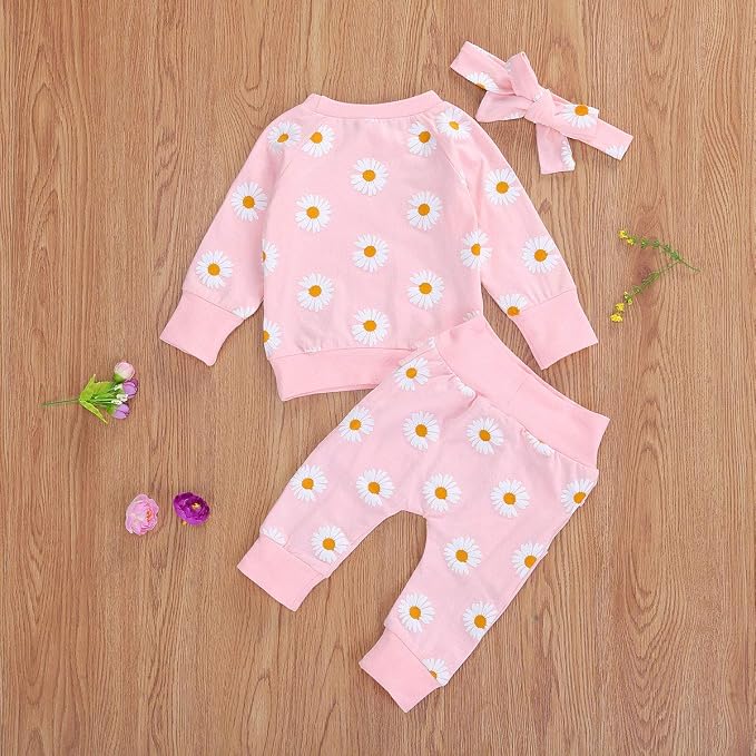 3Pcs Baby Girl Outfits Daisy Sweatshirt + Pants + Headband Infant Fall Winter - Image 6