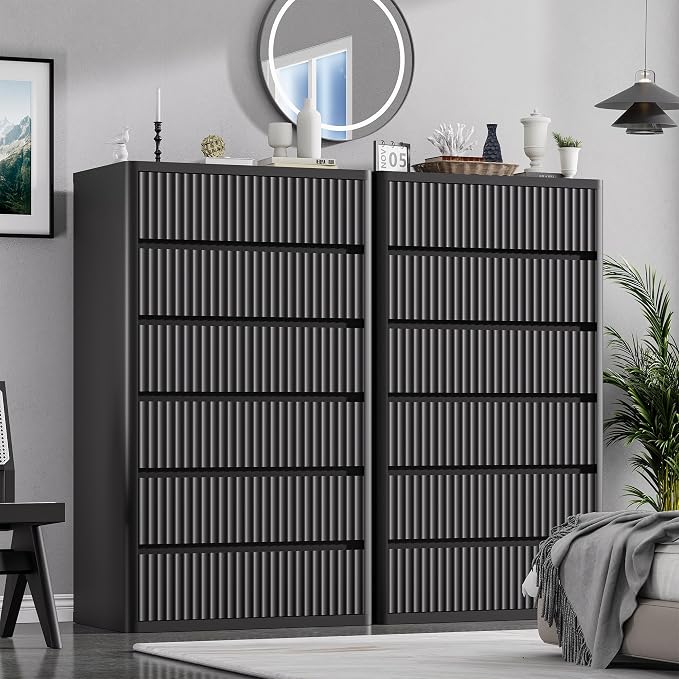 Black 56" Tall Dresser for Bedroom, Fluted Modern 6 Drawers Deep Dressers - Image 4