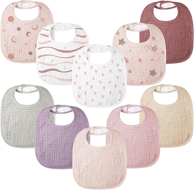 100% Cotton Muslin Baby Bibs 10-Pack Baby Drool Bibs by Bearmoss