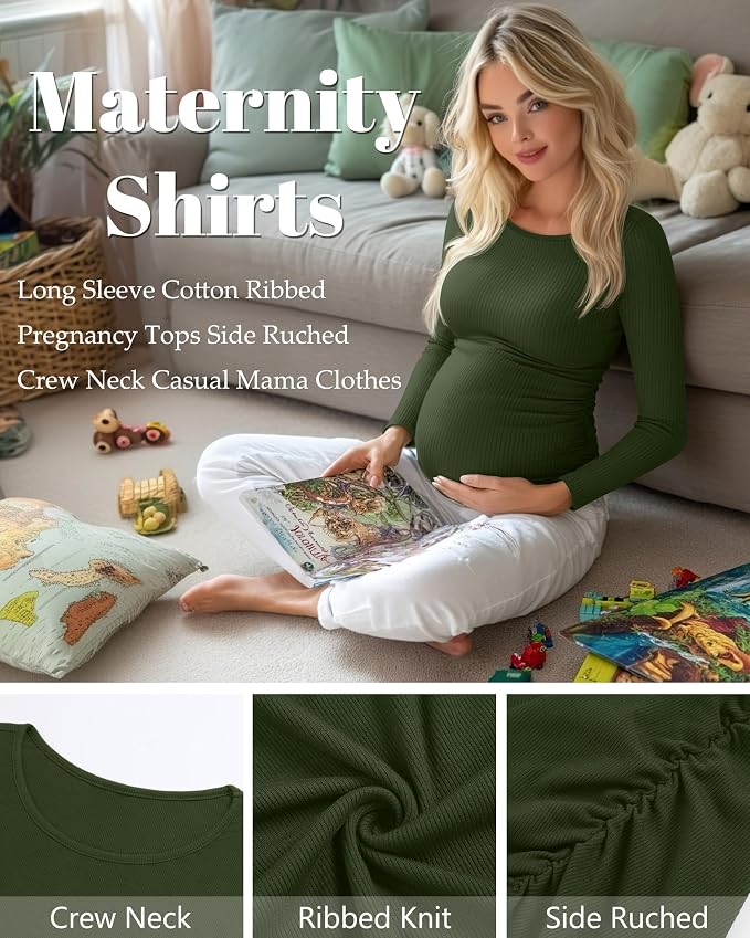 Huukeay 4 Pack Women's Maternity Shirts, Long Sleeve Cotton Ribbed Pregnancy - Image 5
