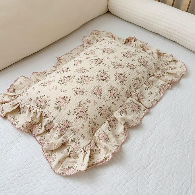 BuLuTu Cotton Muslin King Pillow Case, Chic Shabby Pink Floral Print Pillowcase - Image 3