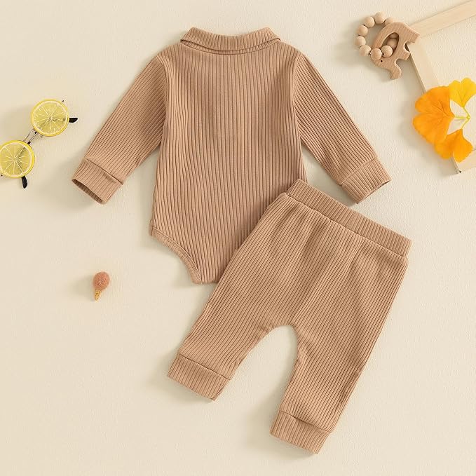 Newborn Baby Boy Girl Clothes Ribbed Knitted Long Sleeve Romper Pants Solid - Image 3
