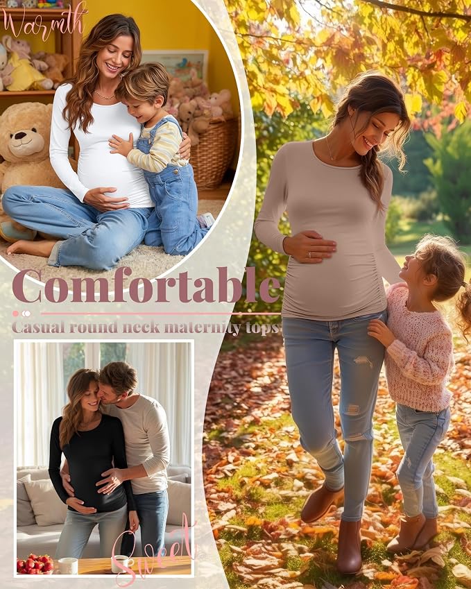 Ficerd 3 Pack Women's Maternity Shirts, Long Sleeve Side Ruched Pregnancy Tee - Image 4