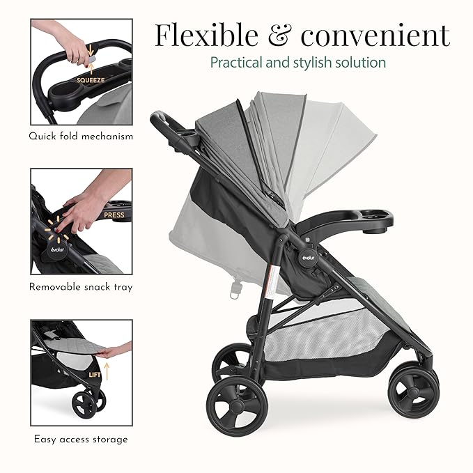 Evolur Breeze Stroller in Grey, Adjustable Backrest & Canopy, Compact Fold - Image 3