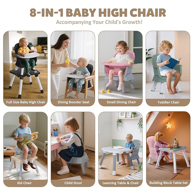 Baby High Chair, 8 in 1 Convertible Highchairs - Image 2