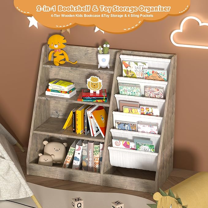 4 Tier Kids Bookshelf Wooden, Five Layer Sling Children Bookcase, Baby Toddler - Image 5