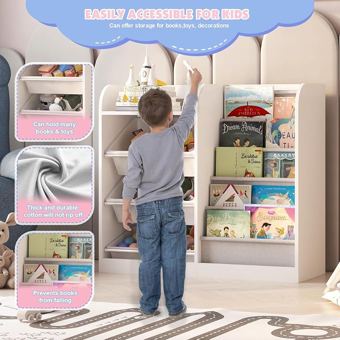 White Kids Wood Bookshelf Toy Storage Box Organizer Shelf W/4 Removable Plastic - Image 4