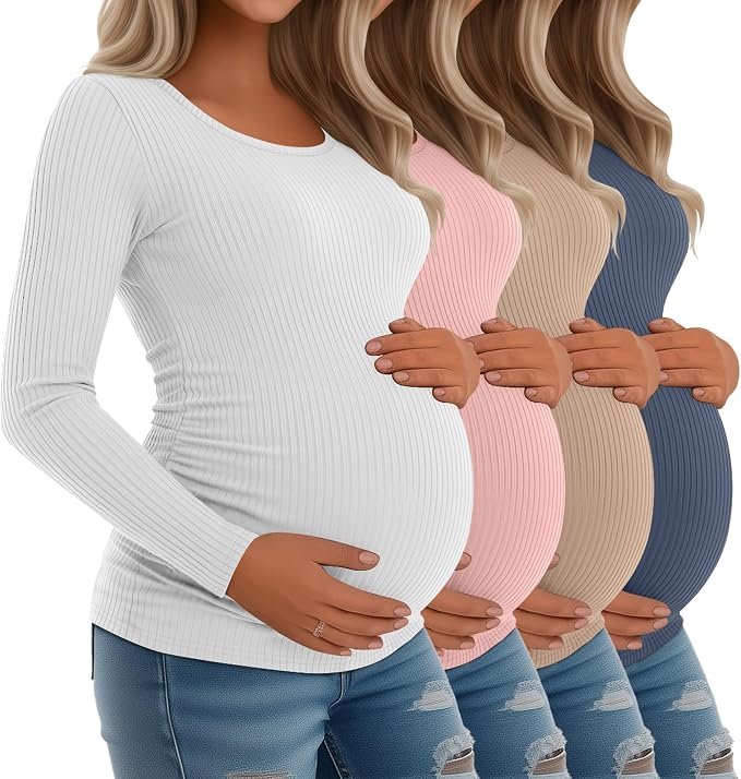 Riyiper 4 Pack Women's Maternity Shirts, Long Sleeve Cotton Ribbed Pregnancy by Riyiper